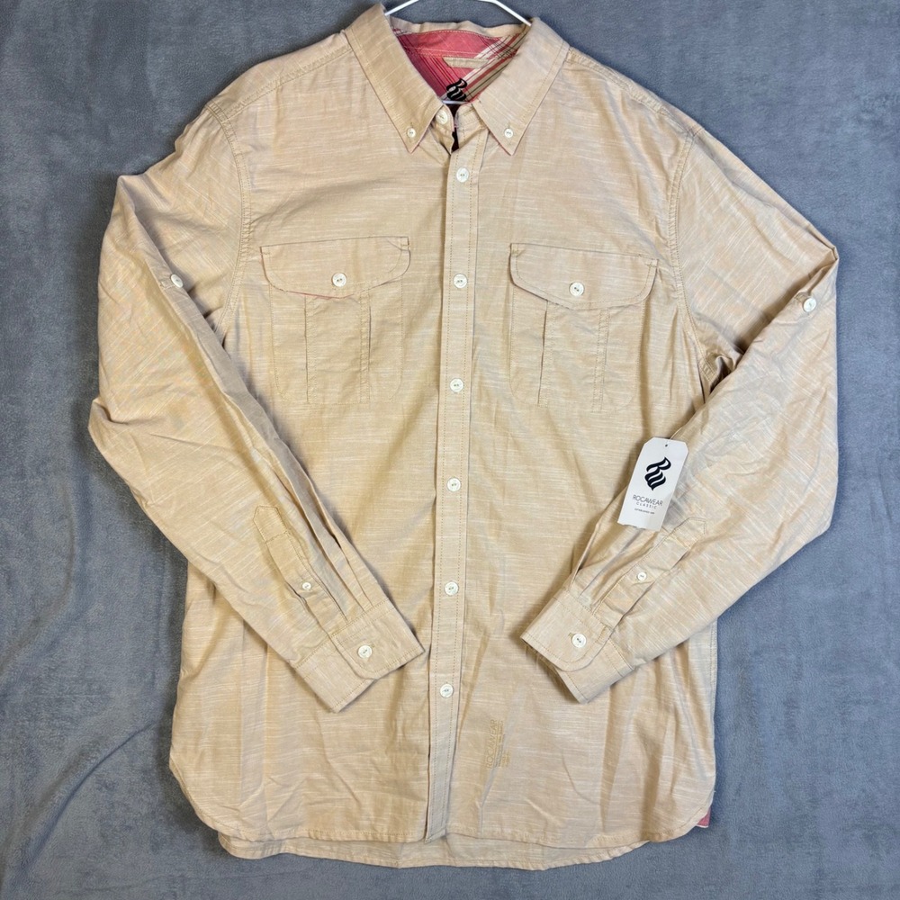 Rocawear Classic Mens XL Tan Slub Cotton Button Down Roll Tab Sleeve Shirt NWT